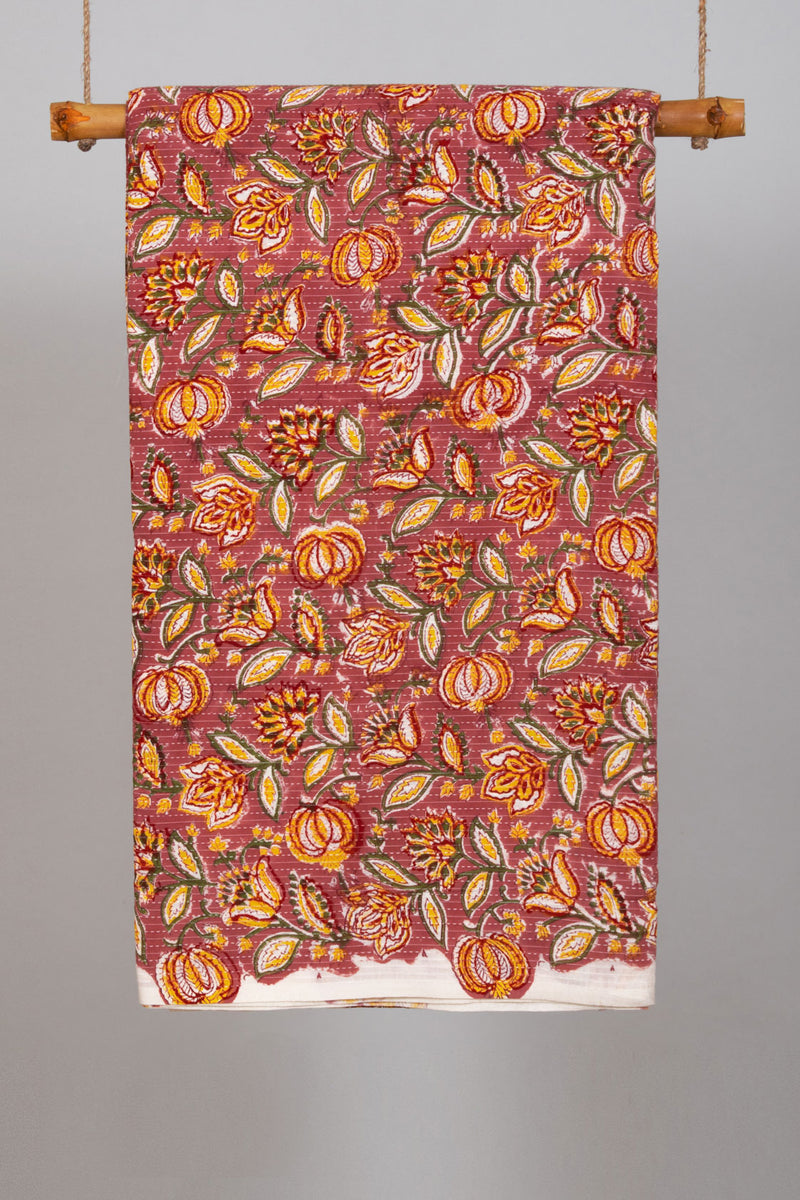 Rainforest Red Cotton Hand Block Printed Kantha Fabric