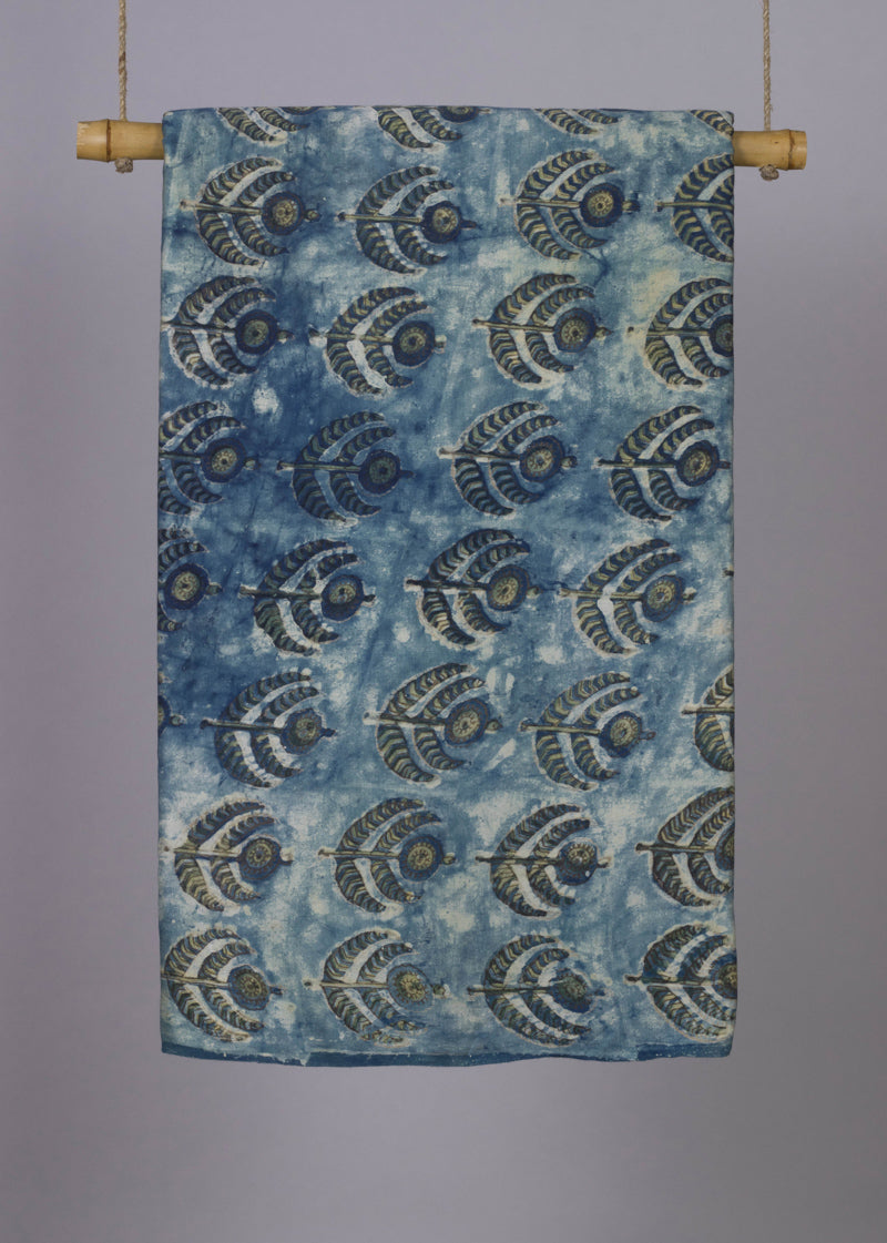 Falling Feathers Powder Blue Hand Block Printed Modal Satin Fabric