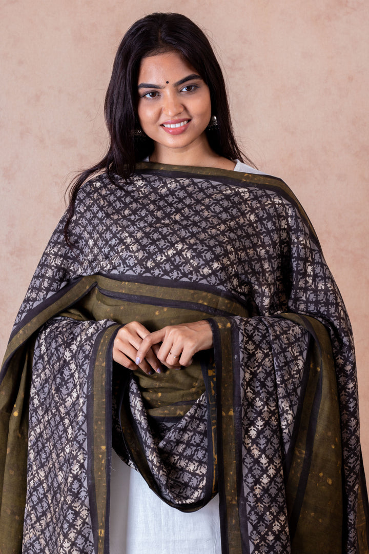 Woodlands  Modal Satin Hand Block Printed Dupatta