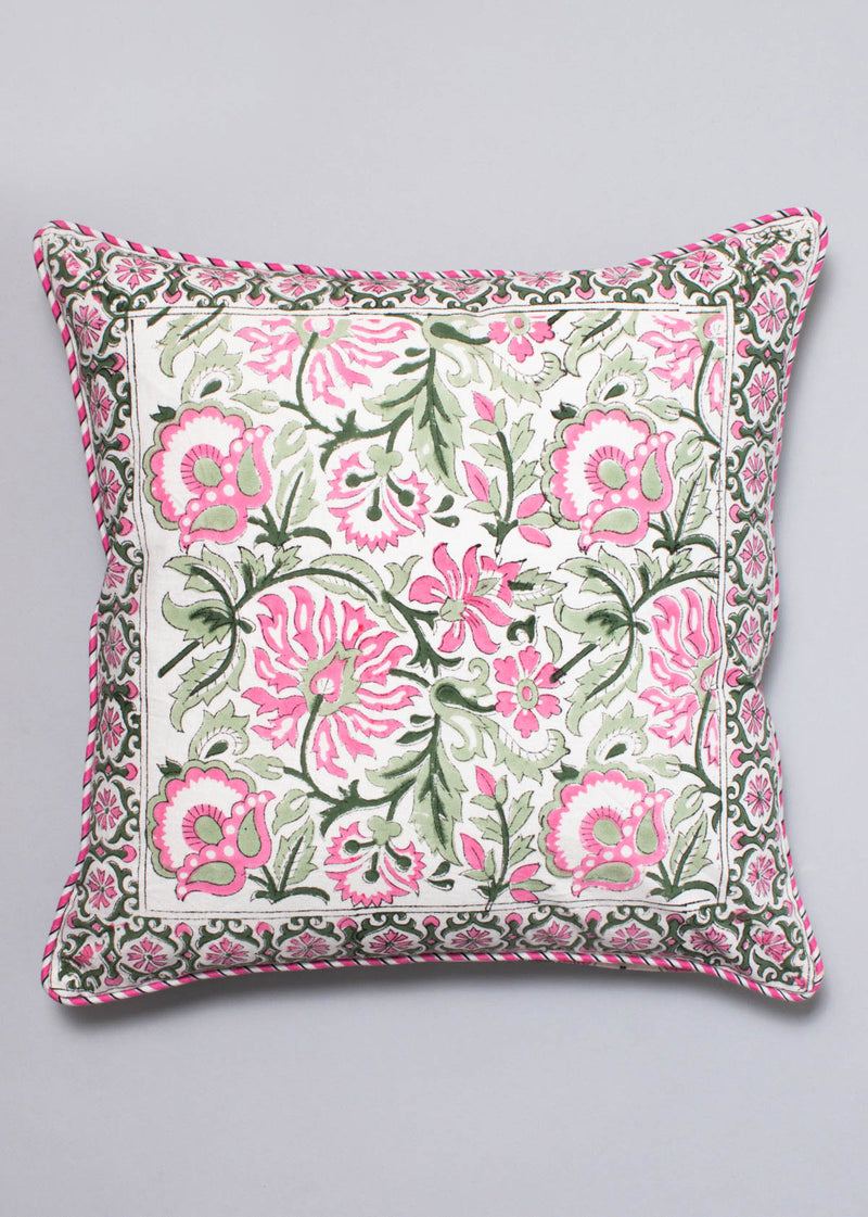Garden of Pink Delight  Hand Block Printed Cushion Cover
