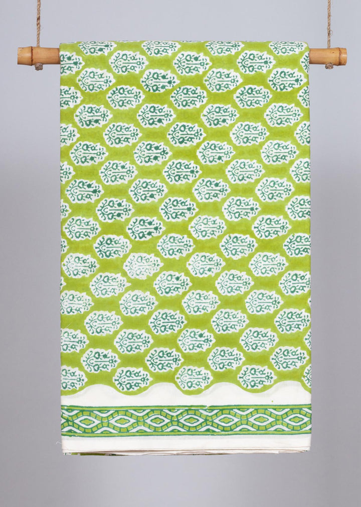 Rosebud Green Cotton Hand Block Printed Fabric