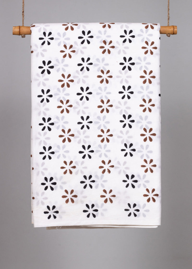 Daisies in the Daylight Brown and Black  Cotton Hand Block Printed Fabric (1.00 Meter)