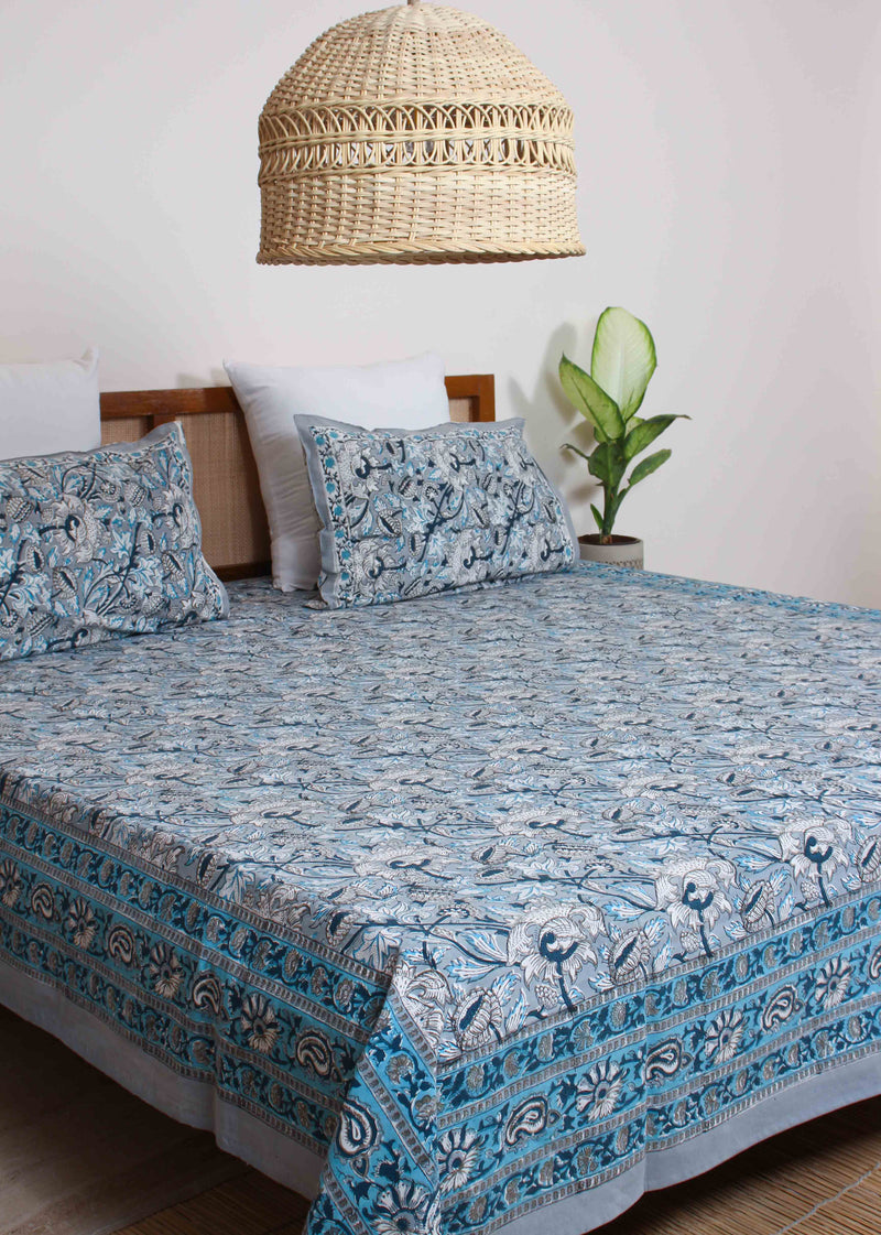 Silence of Blue Cotton Hand Block Printed Bed Linens
