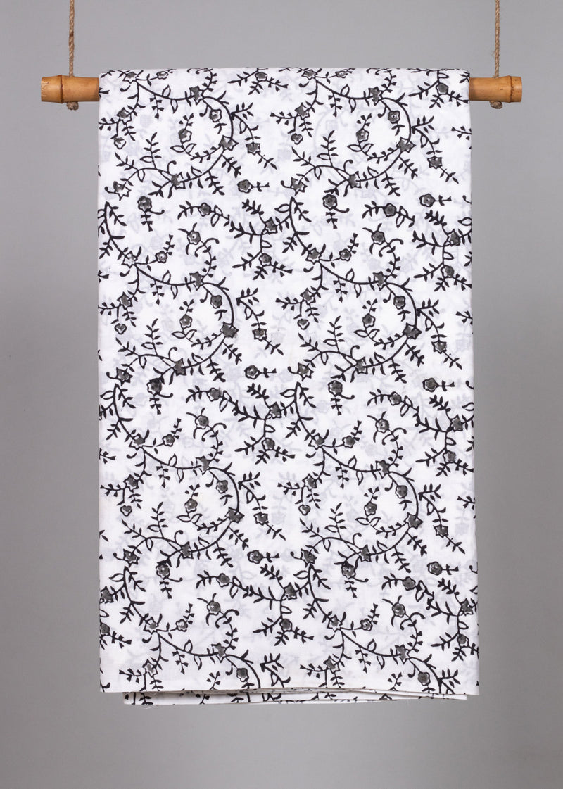 Flowers in the Daylight  Grey and Black Cotton Hand Block Printed Fabric (1.80 Meter)