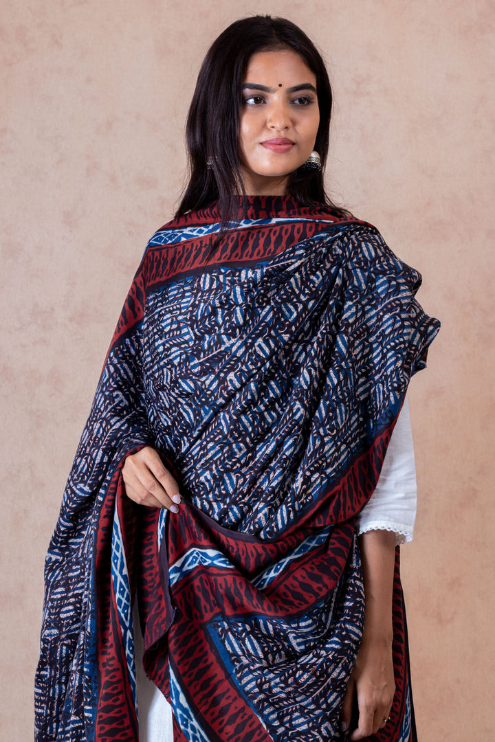 Ballad Indigo  Modal Satin Hand Block Printed Dupatta