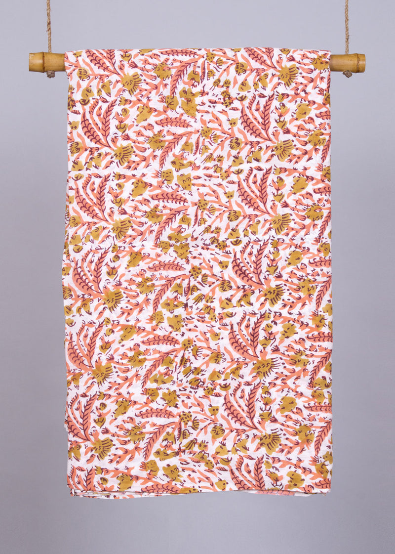 Beaches Peach Mulmul Hand Block Printed Fabric (1.70 Meter)