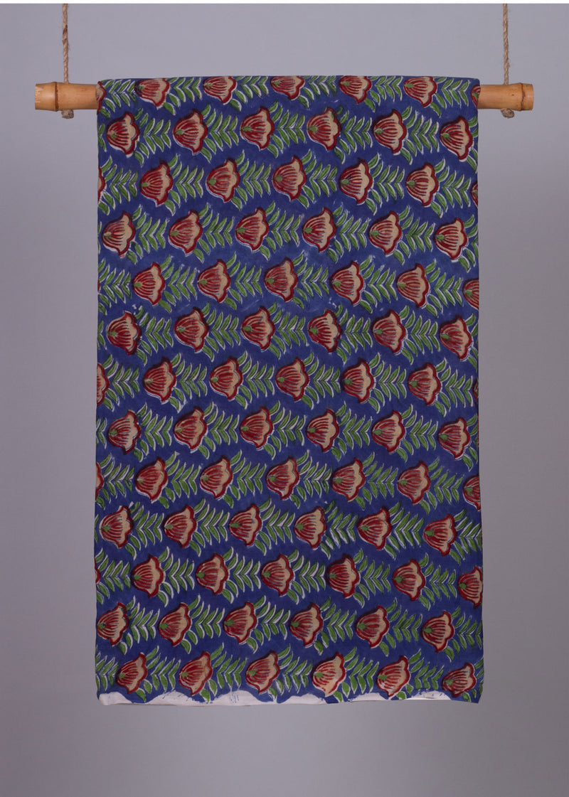 Leaves on Fire Blue Mulmul Hand Block Printed Fabric (2.00 Meter)
