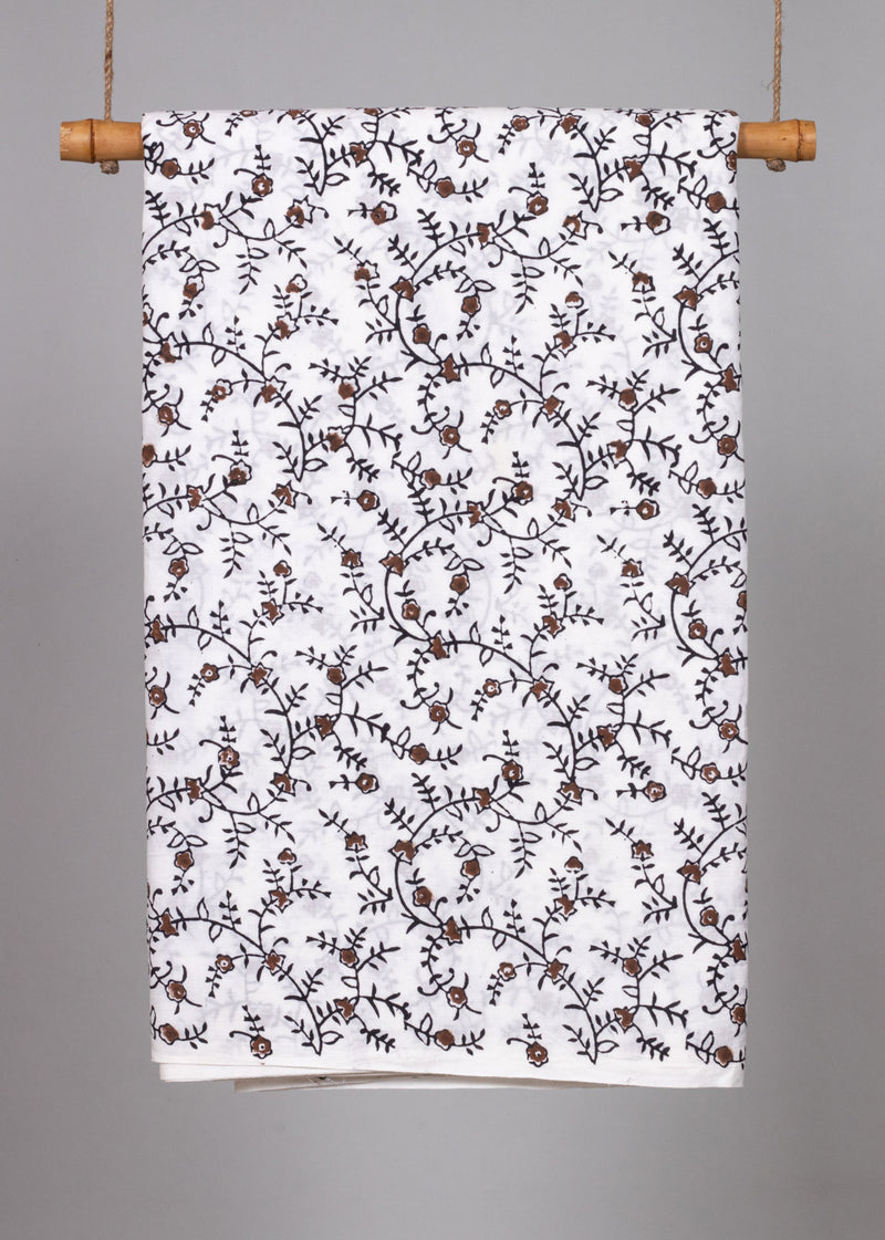 Flowers in the Daylight Brown and Black Cotton Hand Block Printed Fabric (3.60 Meter)