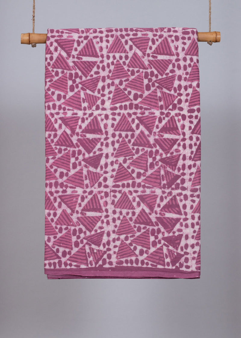 Illusory Triangles Pink Hand Block Printed Cotton Mulmul Fabric (1.30 Meter)
