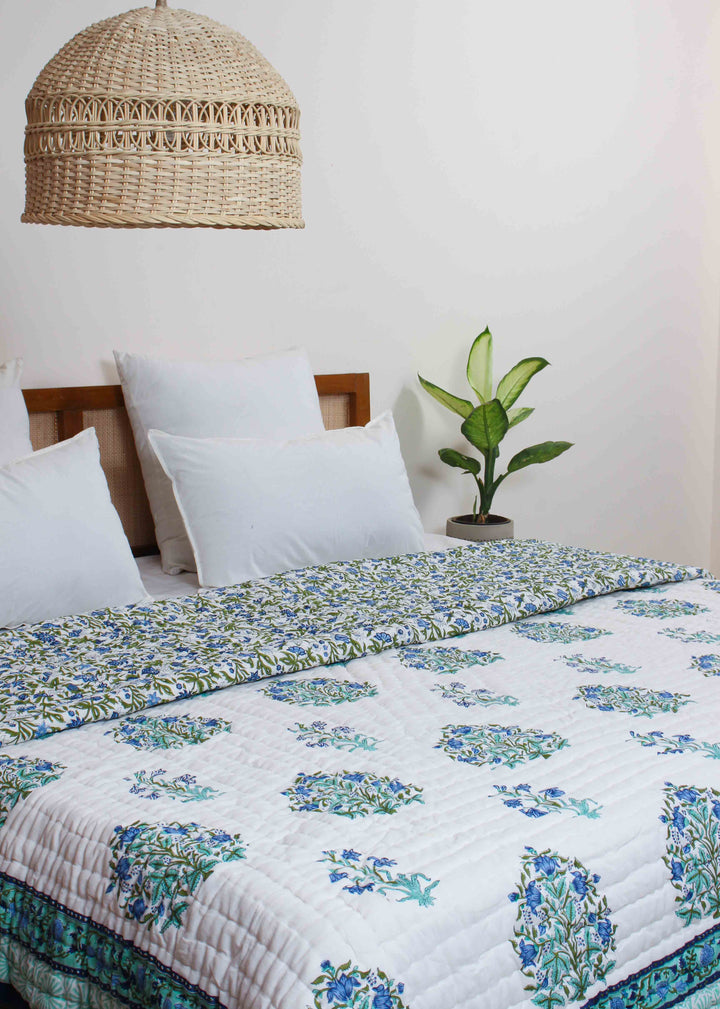 Sapphire Summer Cotton Hand Block Printed Bed Quilt