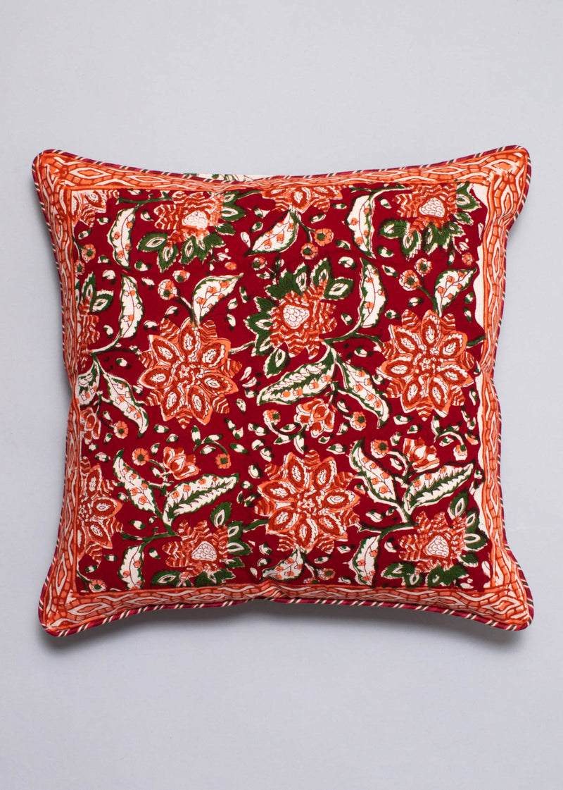 Fiery Red Florals Hand Block Printed Cushion Cover