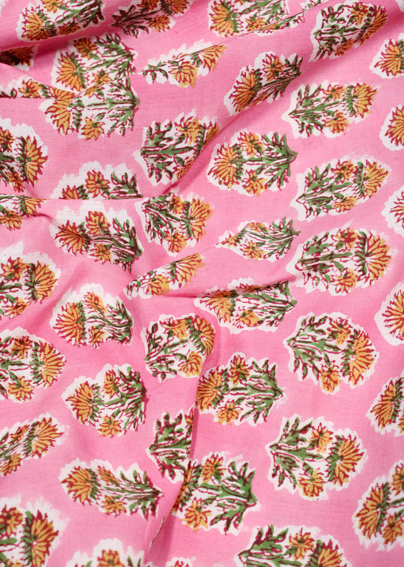 The Call for Dahlia Pink Cotton Hand Block Printed Fabric