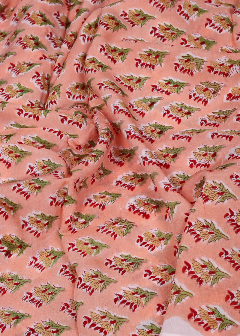Peaches Muslin Hand Block Printed Fabric