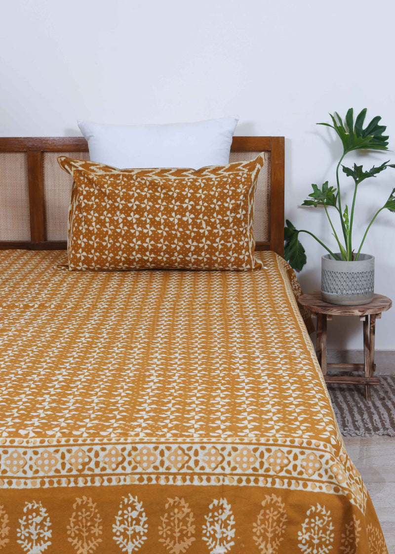 Meadowy Amber Gold Melodies  Cotton Hand Block Printed Bed Linens