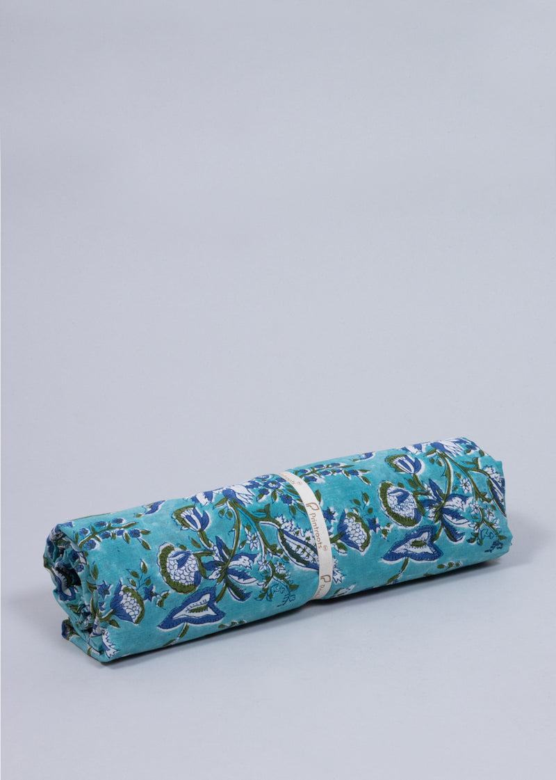 A summer garden Aqua Blue Cotton Mulmul Hand Block Printed Fabric (2.00 Meter)