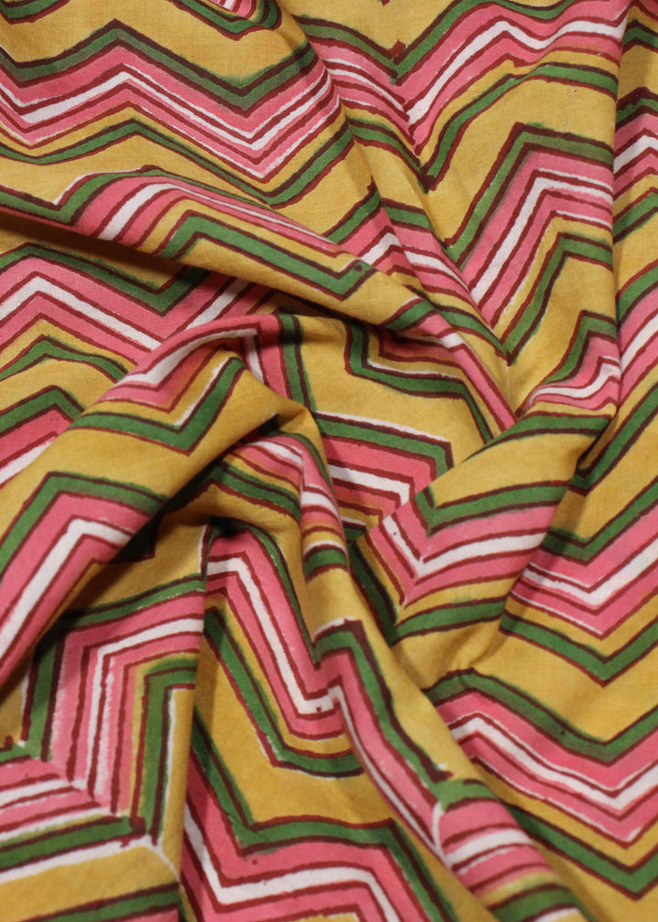 Winding Away Mustard Cotton Hand Block Printed Fabric