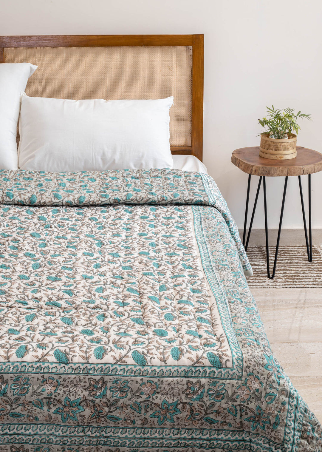 Marine Gardens Hand Block Printed Cotton Bed Quilt