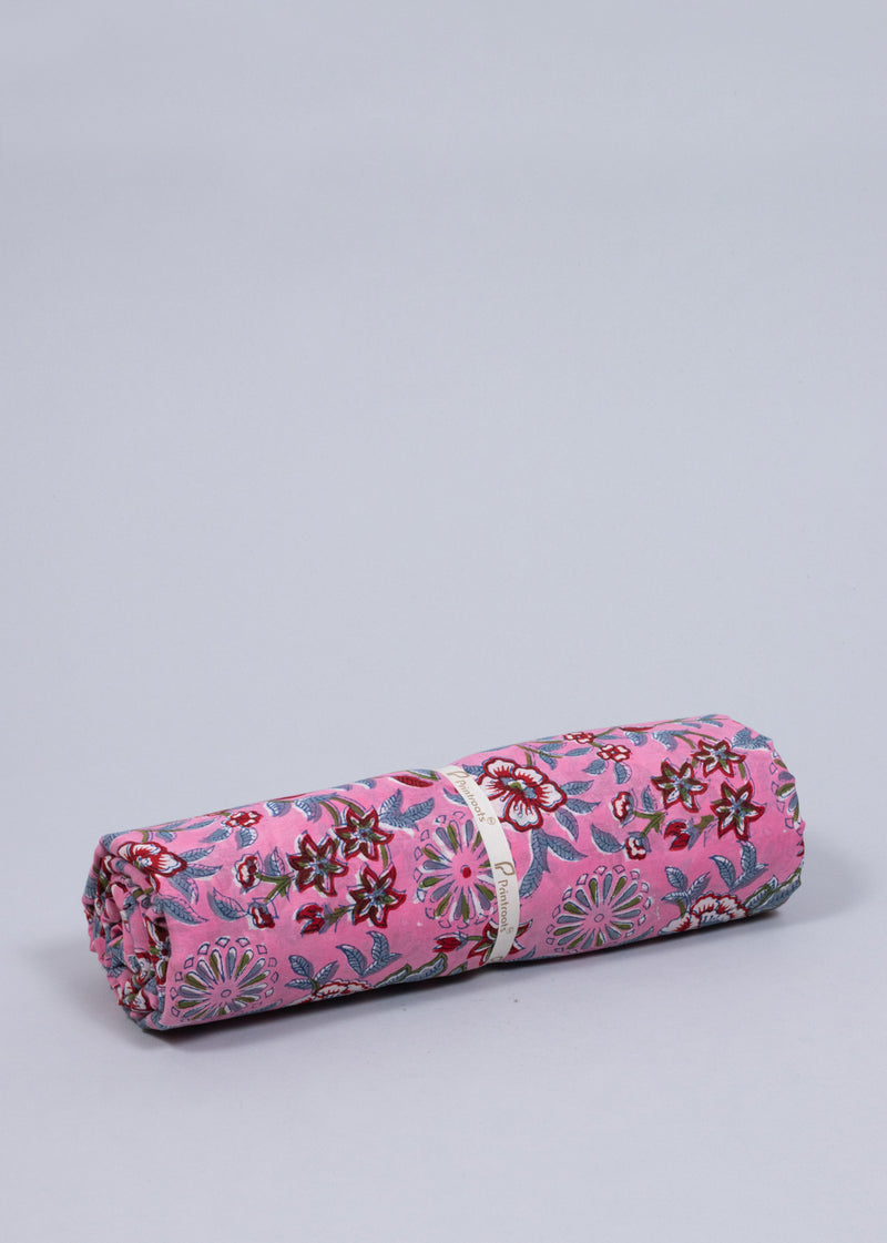 A floral bloom Pink Cotton Mulmul Hand Block Printed Fabric