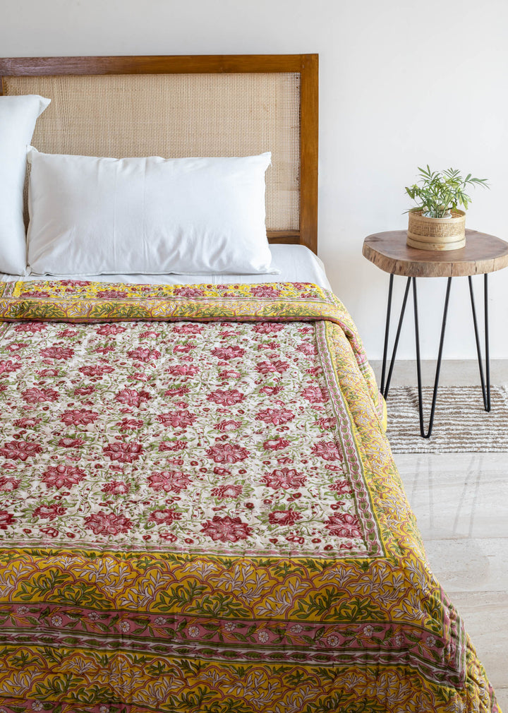 Yellow Vines Hand Block Printed Cotton Bed Quilt