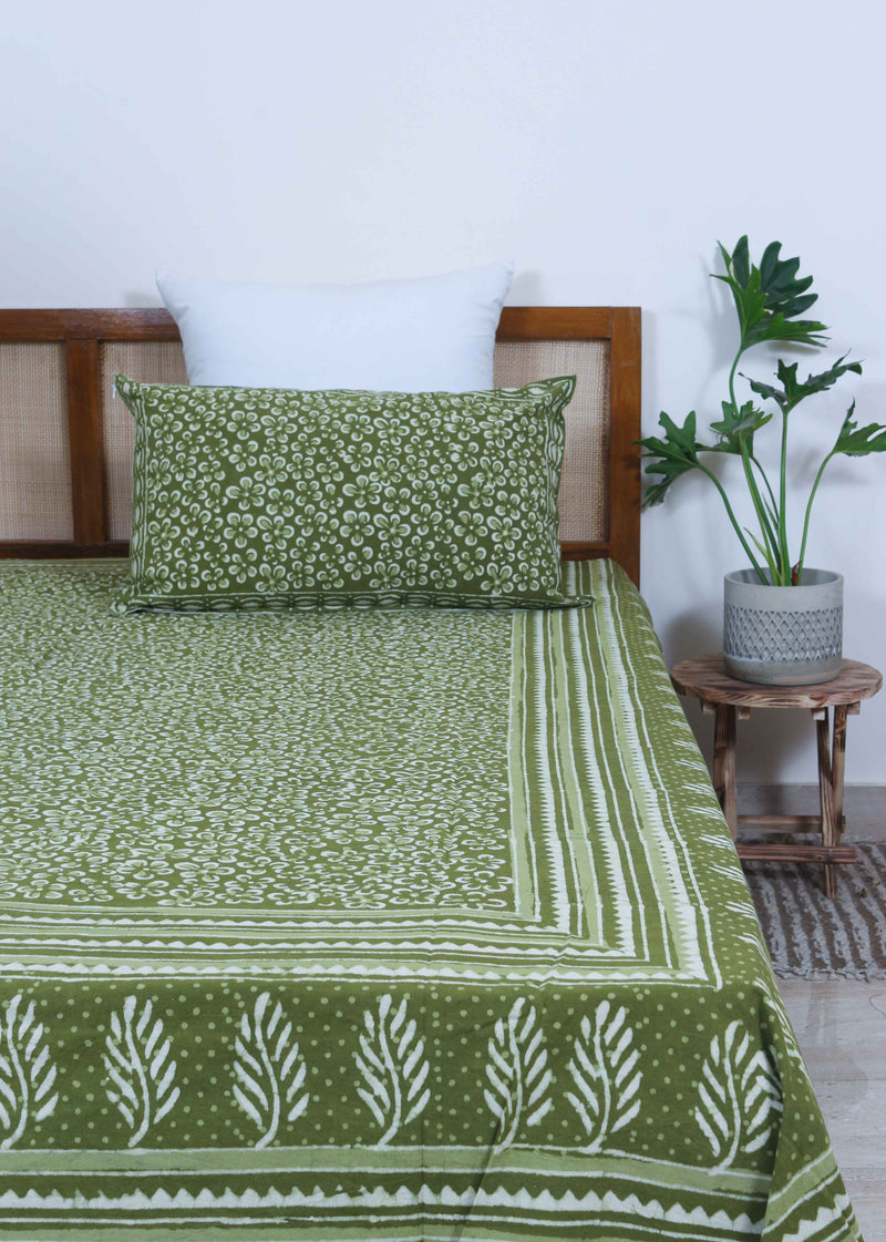 Golden Hour Glows Olive Green Cotton Hand Block Printed Bed Linens
