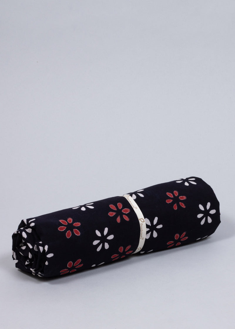 Daisies in the Dark Red and Black  Cotton Hand Block Printed Fabric