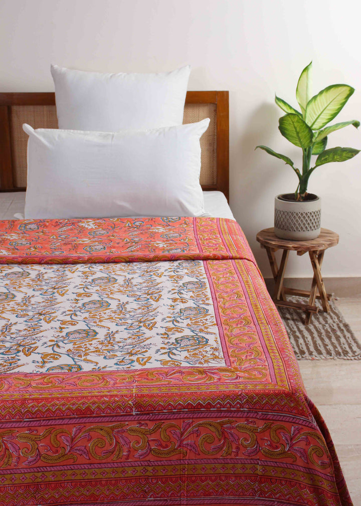 Tangerine Wander Hand Block Printed Reversible Cotton Dohar