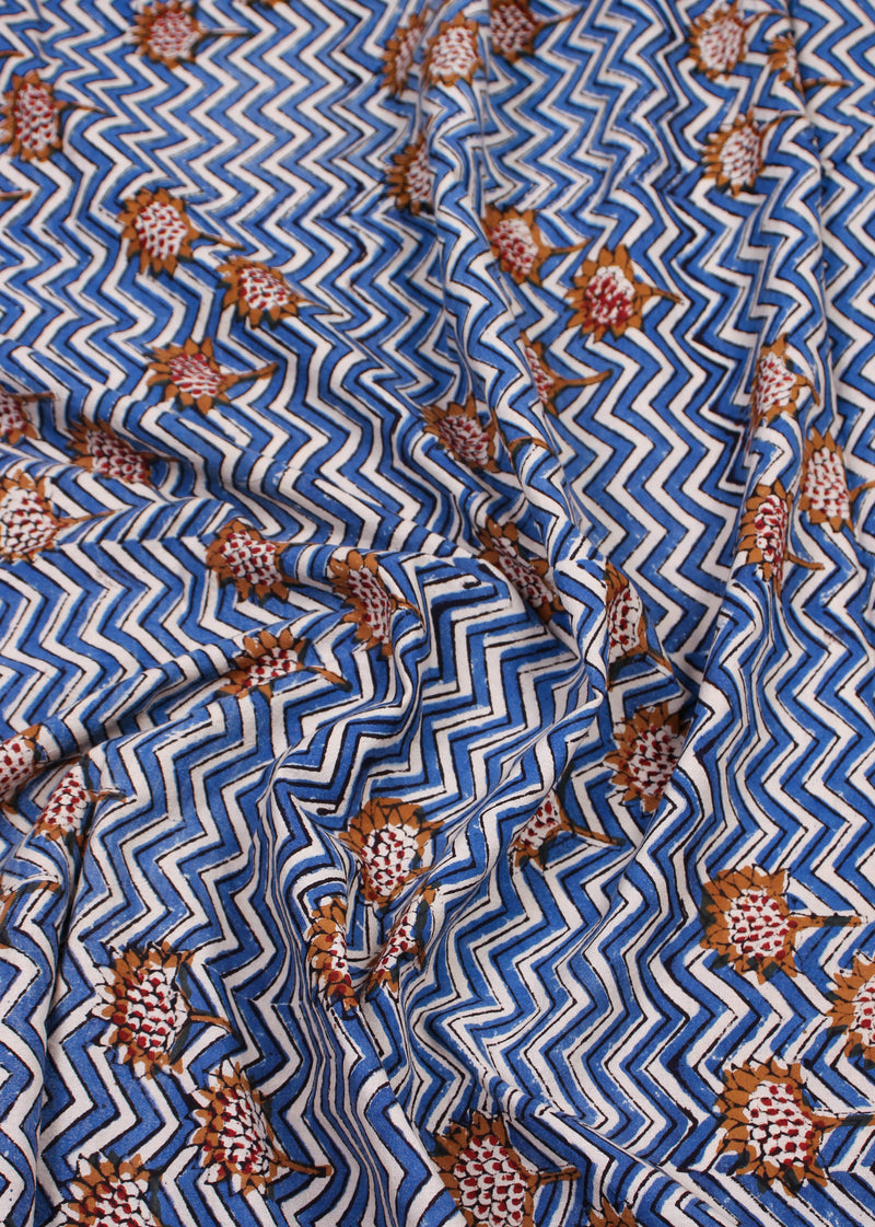 Moonshine Waves  Blue Cotton Hand Block Printed Fabric