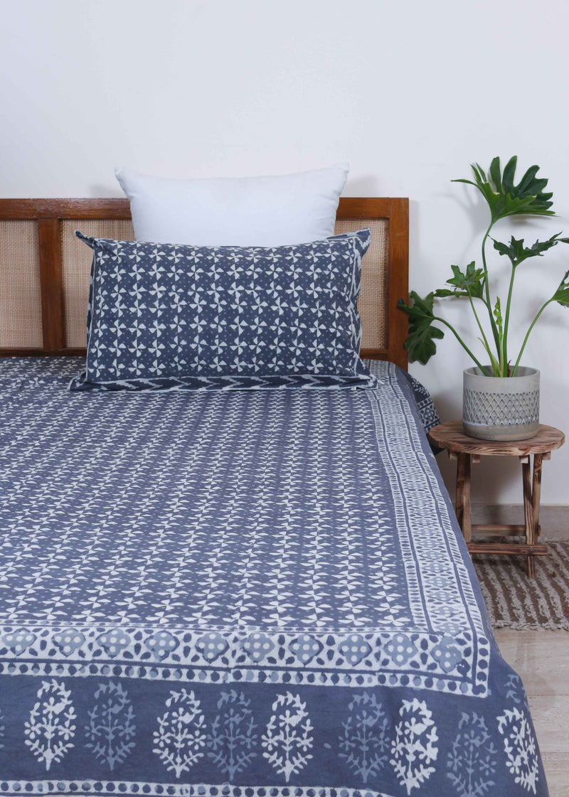 Meadow Blue Grey Melodies  Cotton Hand Block Printed Bed Linens