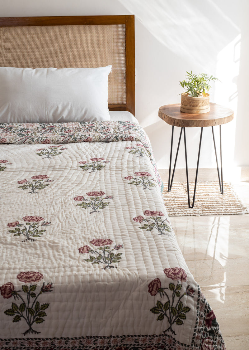 Mystic Bloom Hand Block Printed Cotton Bed Quilt