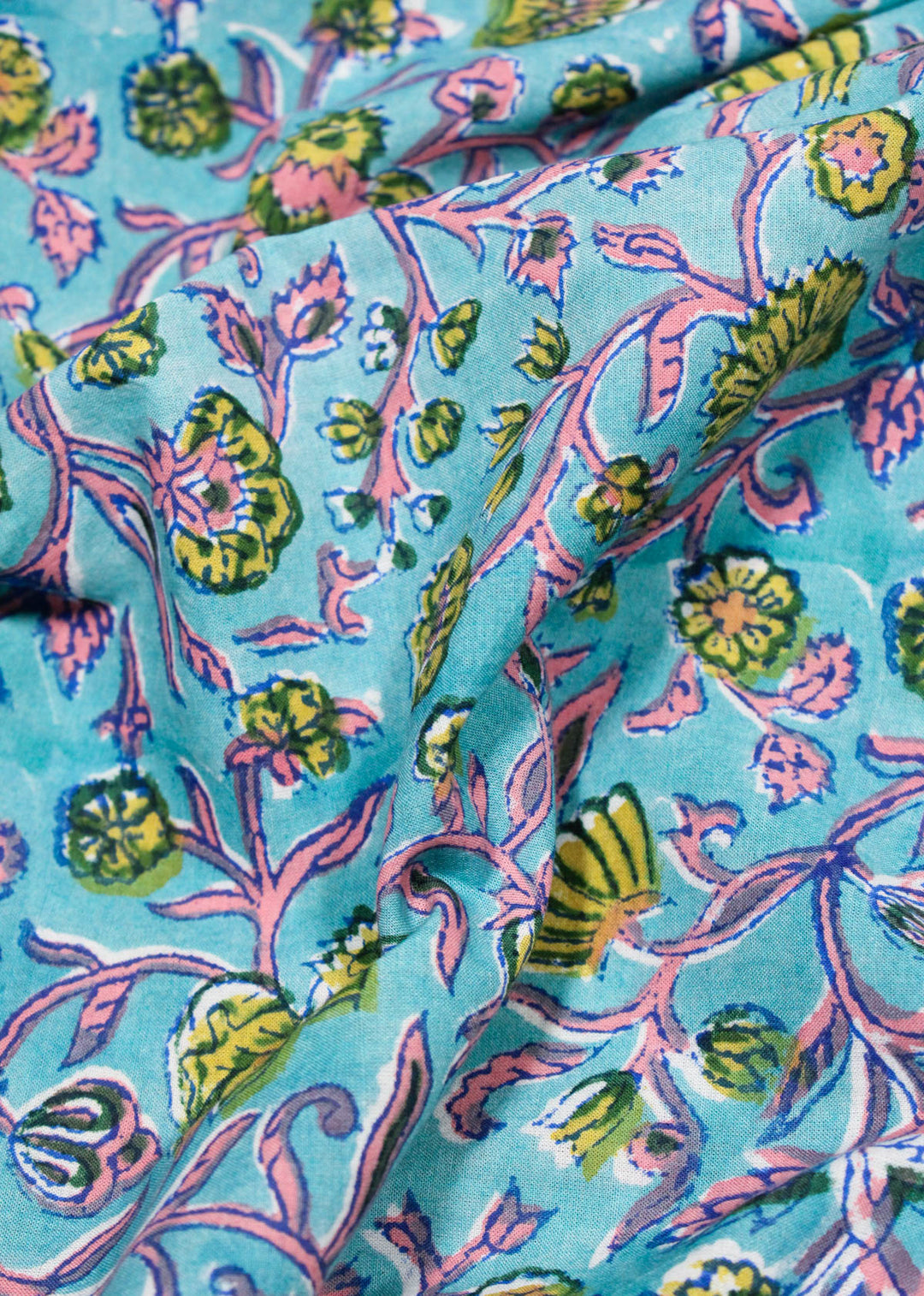 A Dance of Carnation Cyan Cotton Hand Block Printed Fabric