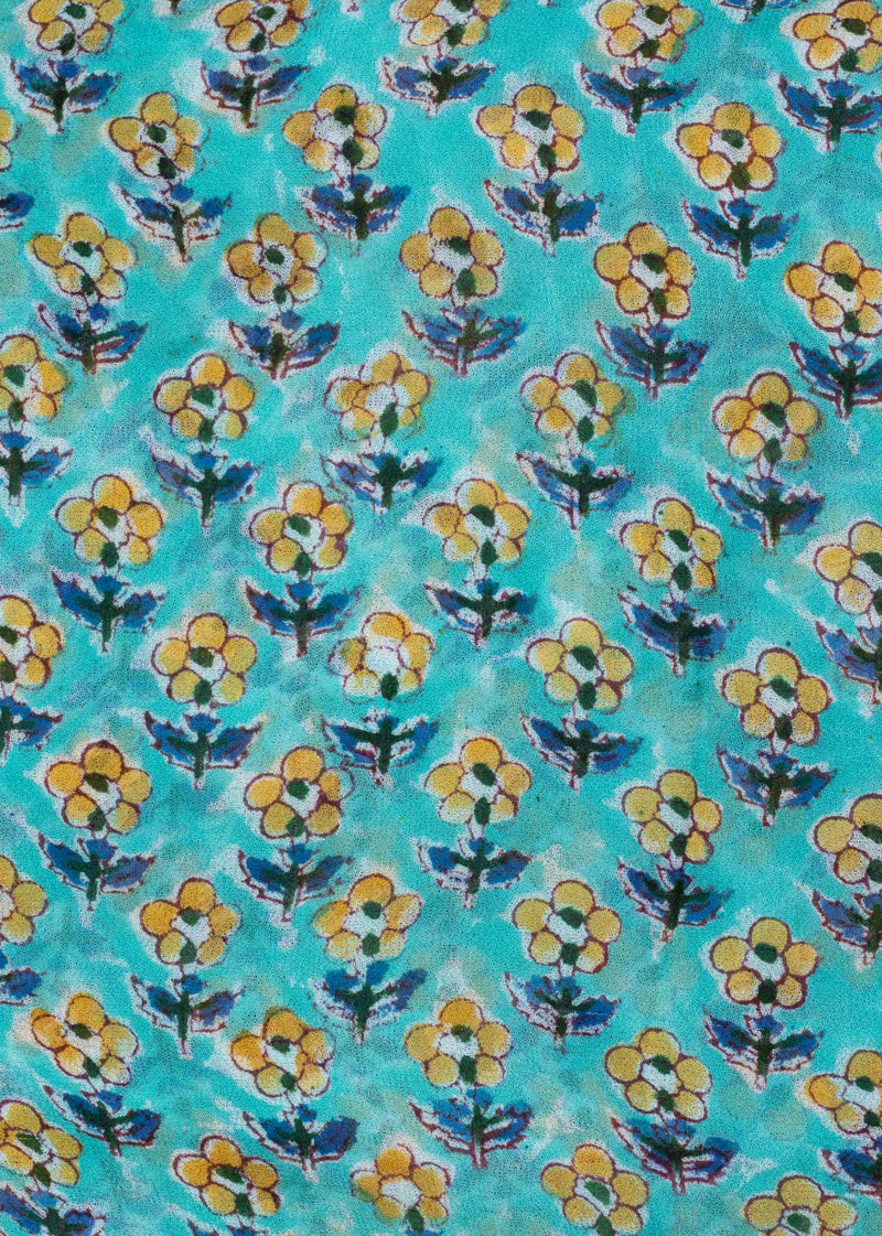 Daisies Aqua Georgette Hand Block Printed Fabric