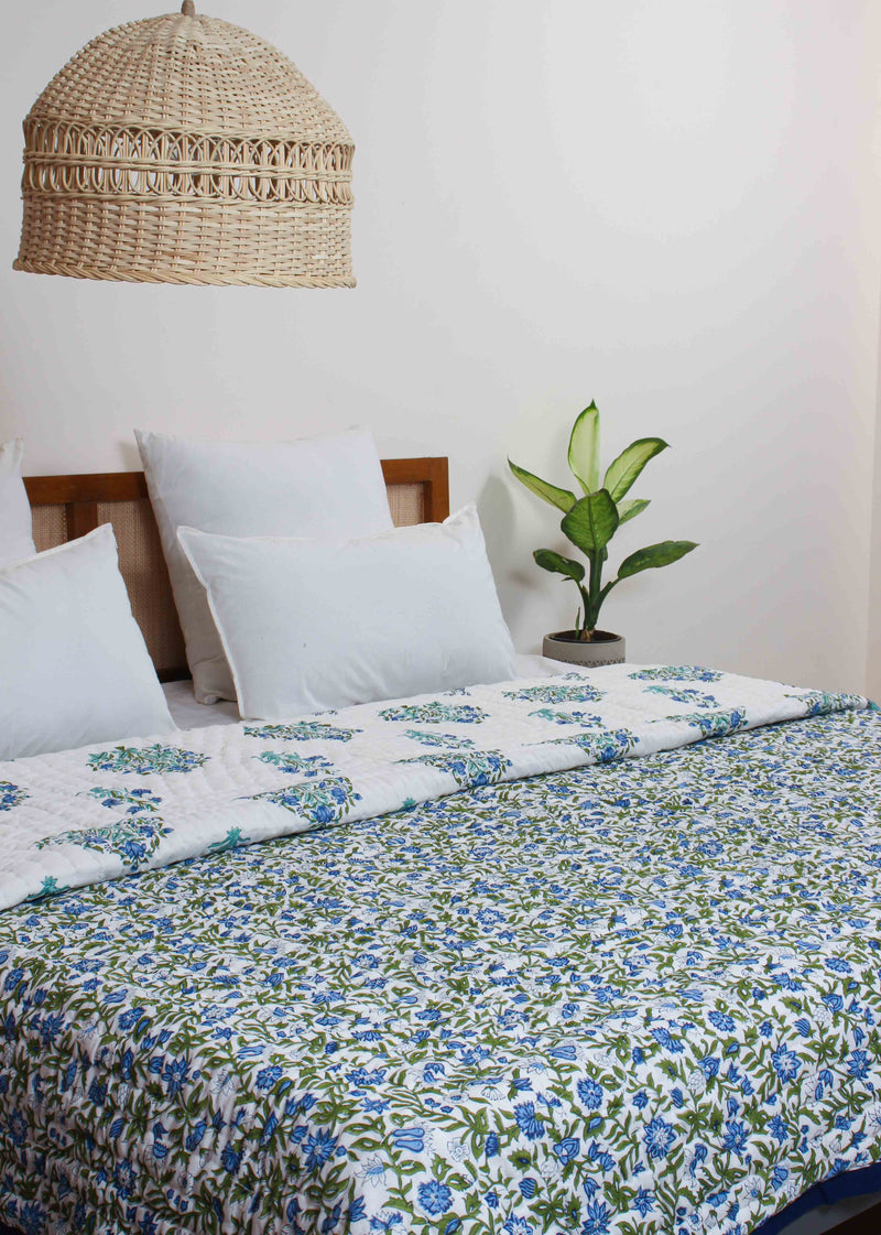 Sapphire Summer Cotton Hand Block Printed Bed Quilt