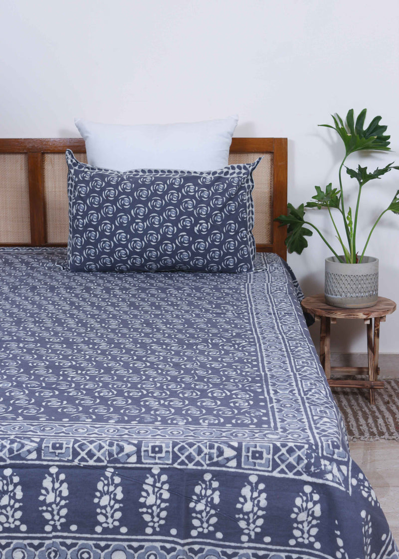 Blue Grey Vineyard Cotton Hand Block Printed Bed Linens