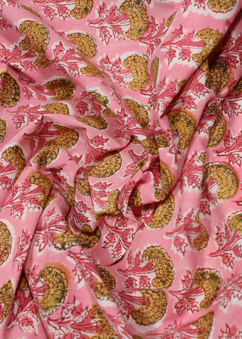 Marigold Prairies Pink Cotton Hand Block Printed Fabric