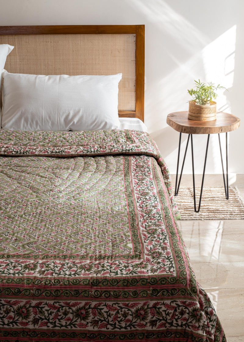 Valleys Green Hand Block Printed Cotton Bed Quilt
