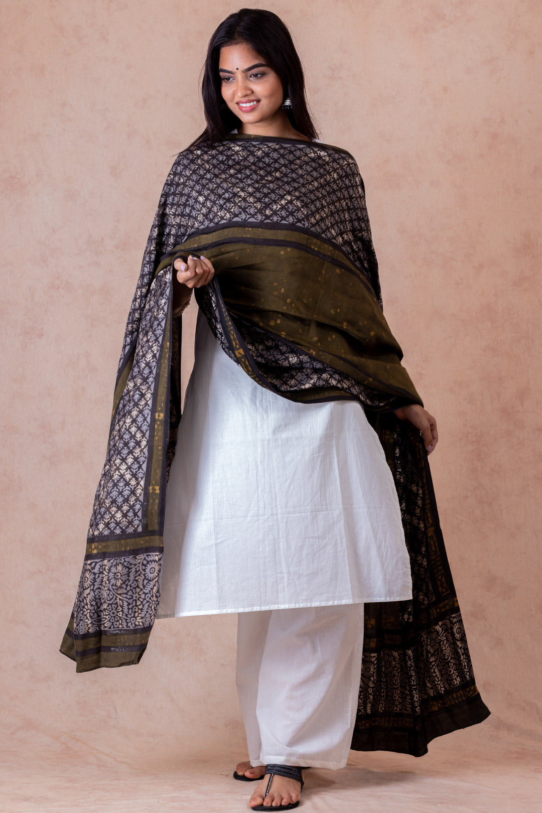 Woodlands  Modal Satin Hand Block Printed Dupatta