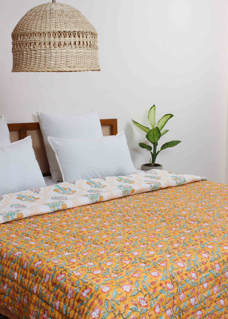 Sun Bloom Hand Block Printed Cotton Bed Quilt