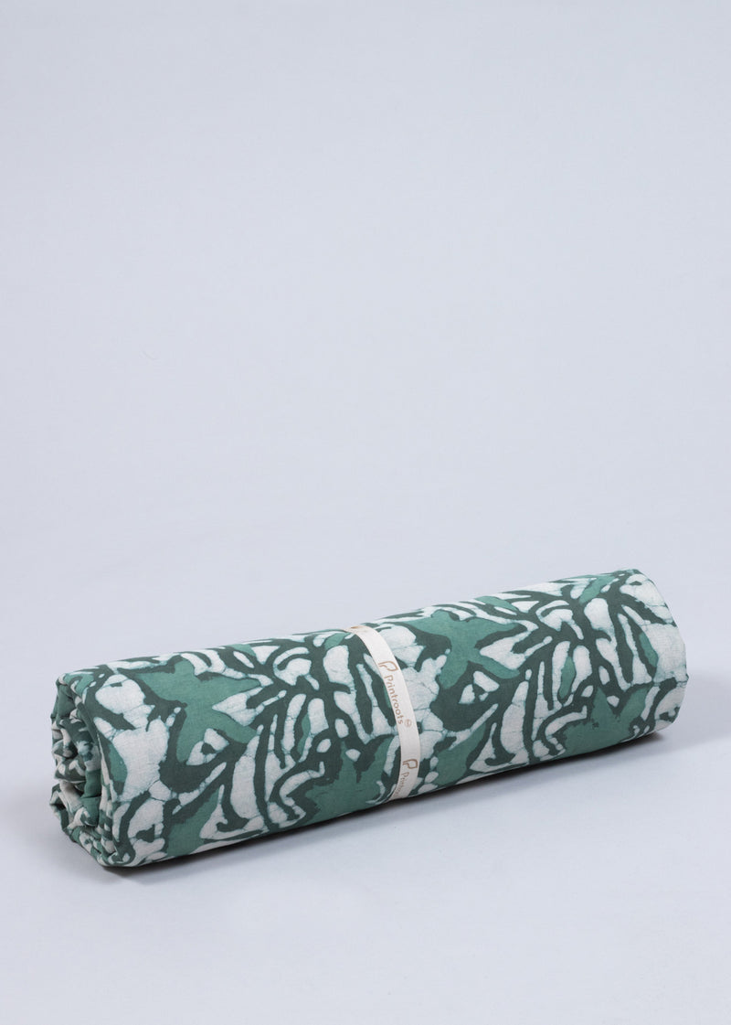 Illusory Flower Garden  Muted Green Hand Block Printed Cotton Mulmul Fabric (3.00 Meter)