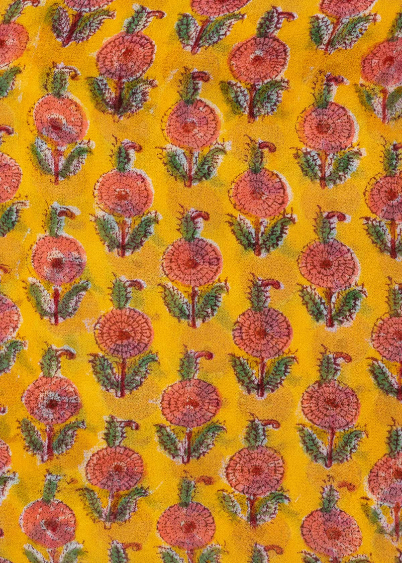 Merrier Yellow Georgette Hand Block Printed Fabric
