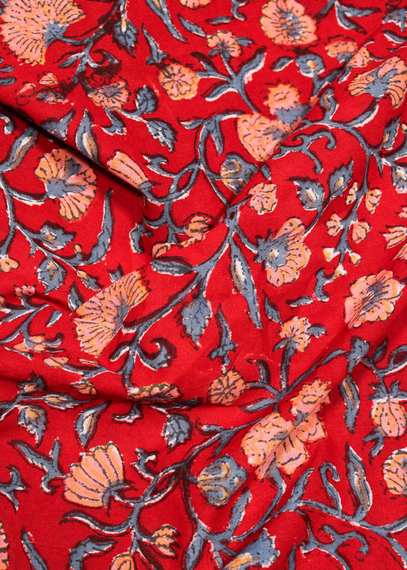 A Dance of Carnation Red Cotton Hand Block Printed Fabric (1.70 Meter)