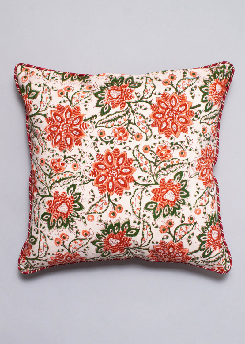 Fiery Red Florals Hand Block Printed Cushion Cover