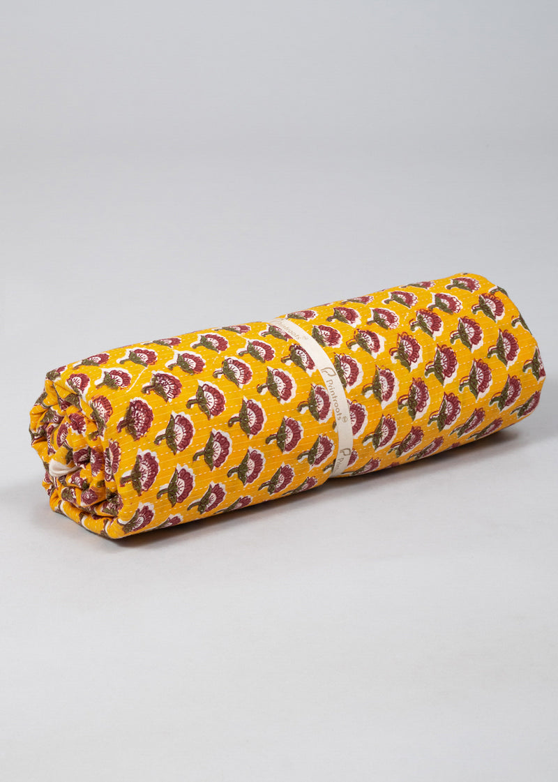 Midday Bloom Yellow Cotton Hand Block Printed Kantha Fabric