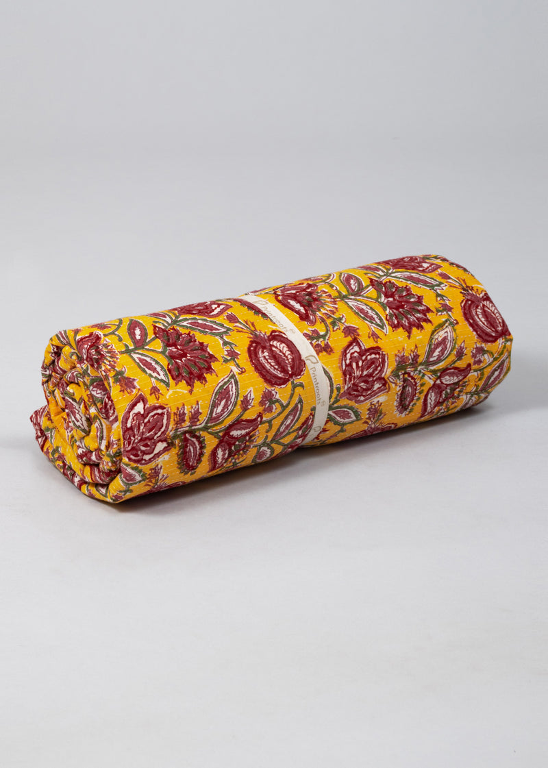Rainforest Yellow Cotton Hand Block Printed Kantha Fabric