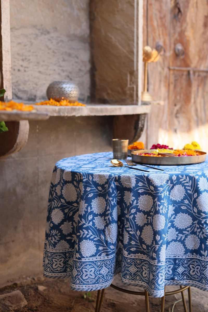 Eden of Blues Hand Block Printed Cotton Table Cover