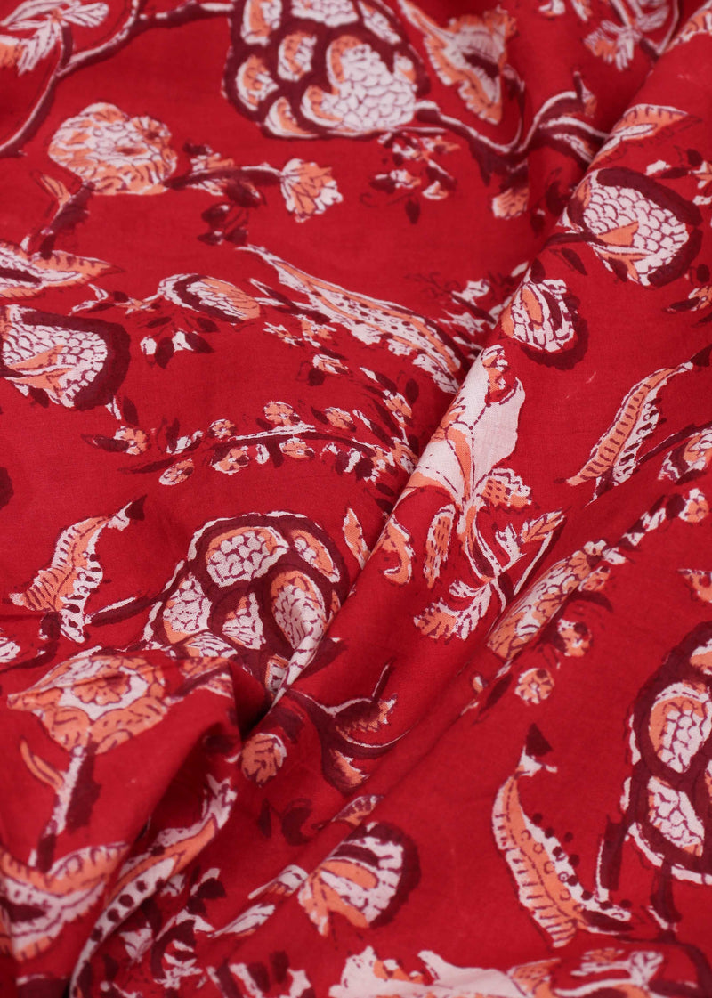 Crimson Courtship Cotton Hand Block Printed Fabric