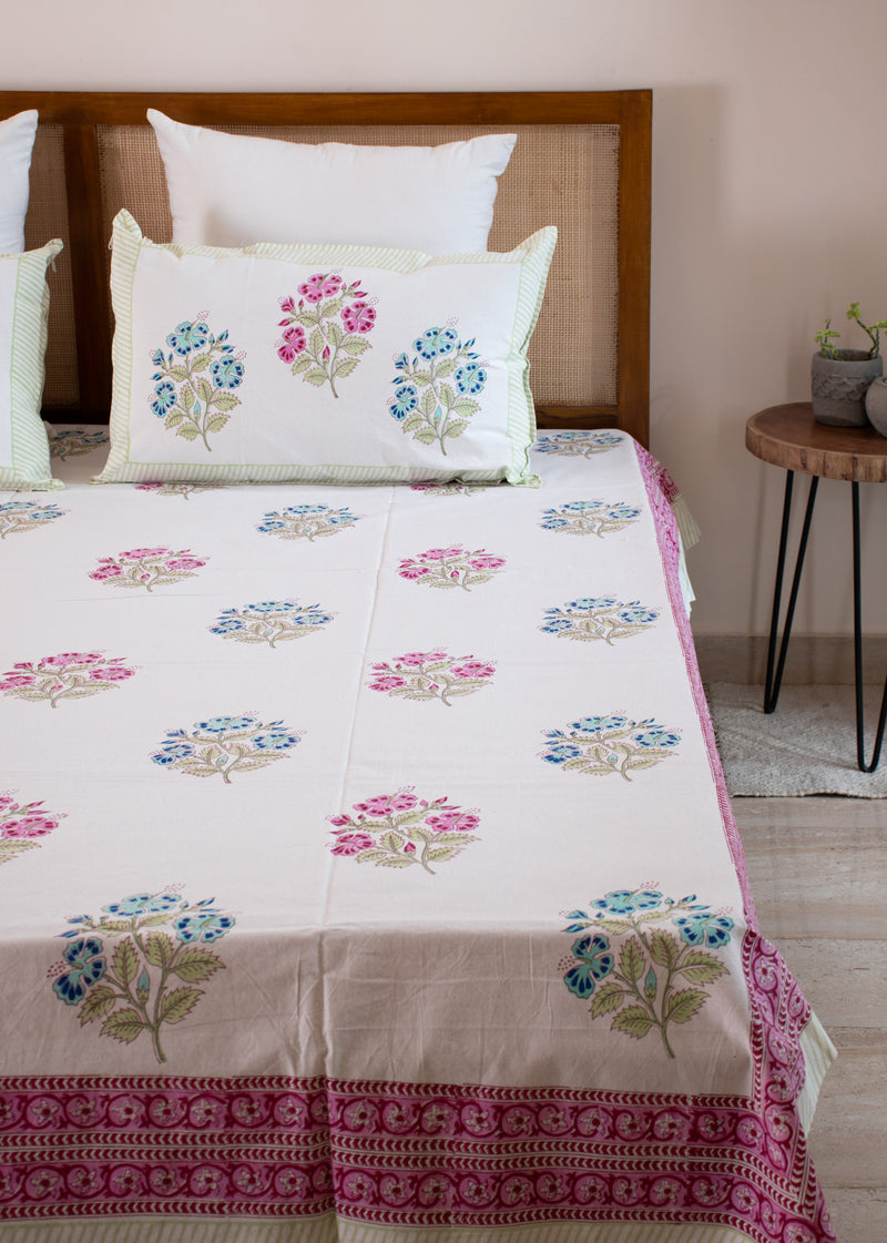 Floral Trinity Block Printed Cotton Bedsheet