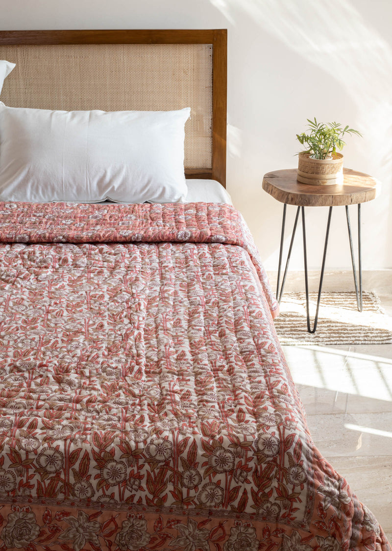 Nectar Hand Block Printed Cotton Bed Quilt