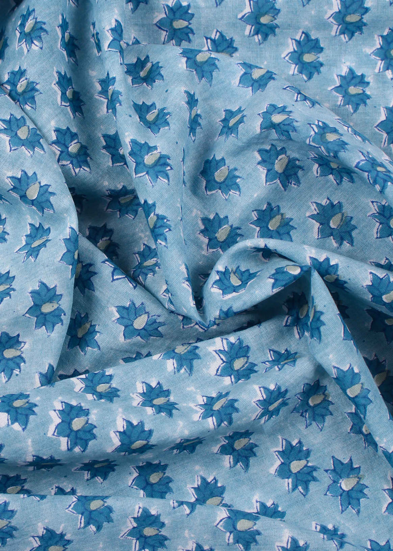 Ocean Blue Flora Cotton Mulmul Hand Block Printed Fabric
