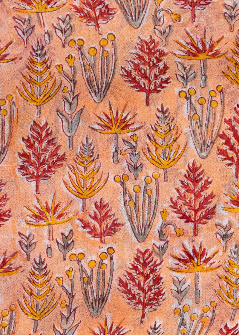 Grasshopper Peach Georgette Hand Block Printed Fabric