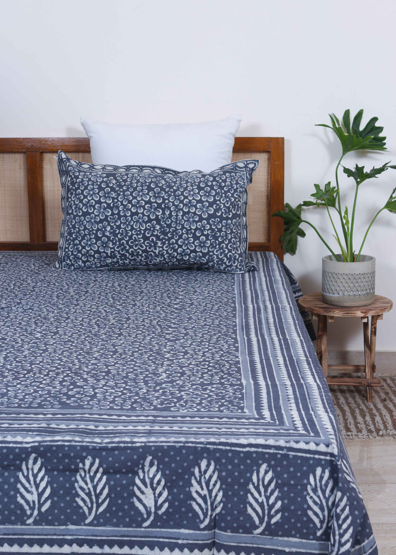 Golden Hour Glows Blue Grey Cotton Hand Block Printed Bed Linens